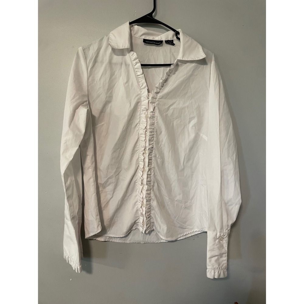 Impressions White Ruffle Trim Button Down Blouse Long Sleeve Office Top Medium